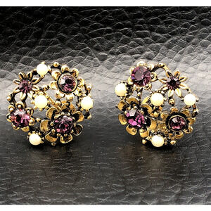 Vintage Lisner Earrings Screw Back Purple Rhinestone Faux Pearl Flower Gold Tone